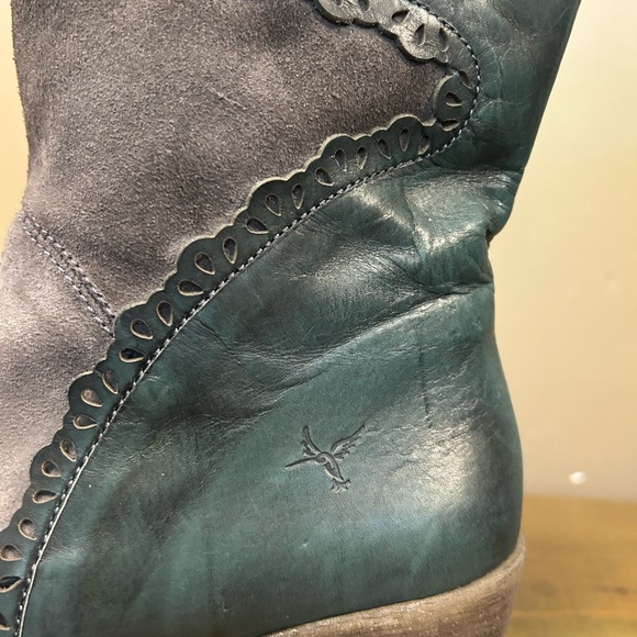 Porto-fino Boots. Teal Leather  & Grey Suede, Tan Inside. - Picture 4 of 9